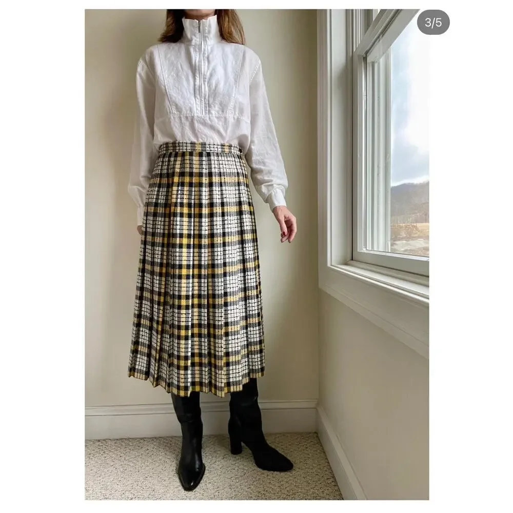 Vintage Plaid Tartan Irish Wool Midi Pleated Wrap Skirt Tan